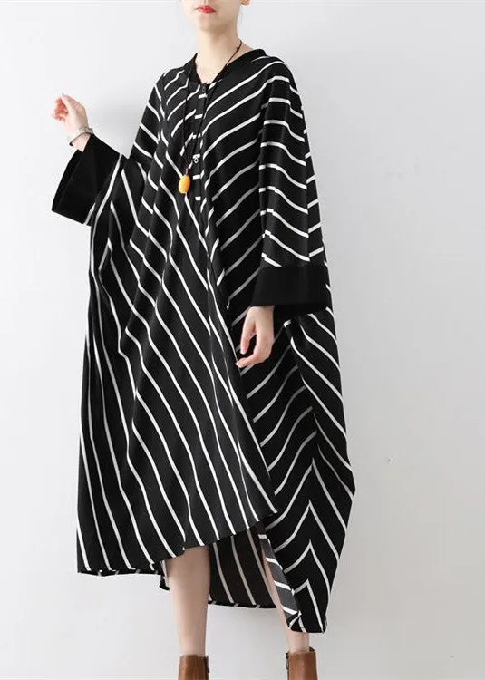 2021 fall black strip caftans V neck oversized cotton maxi dresses traveling gown