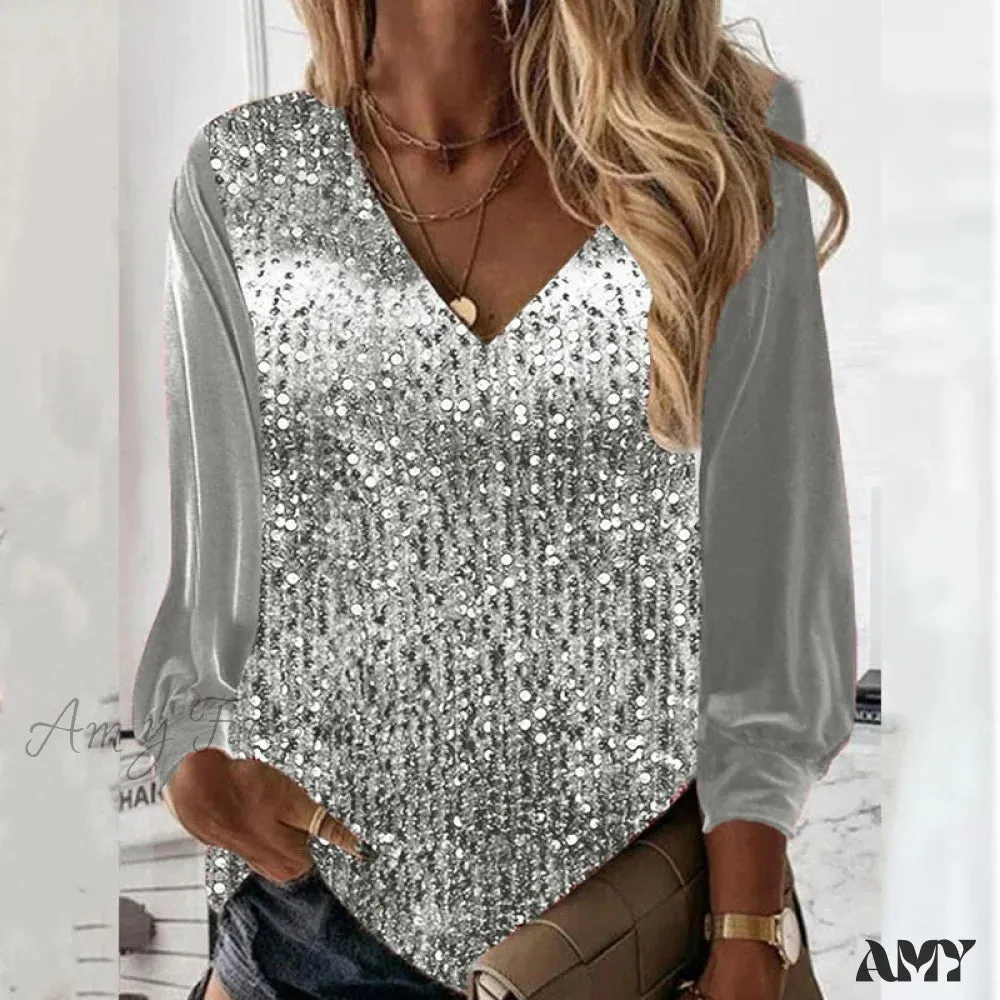 Amy Fashion - Casual V-neck Shiny Sequin Patchwork Loose Party Club Pullover