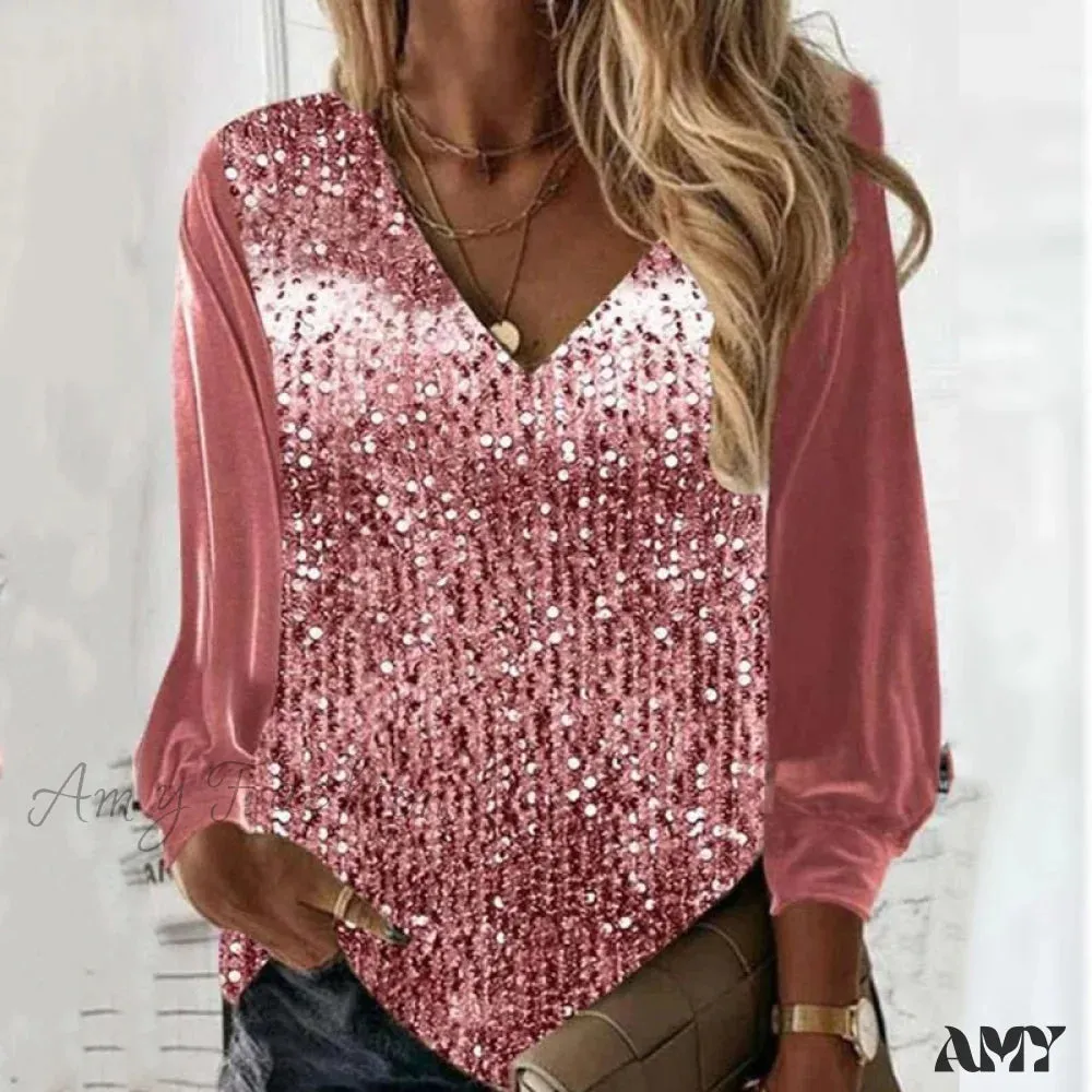 Amy Fashion - Casual V-neck Shiny Sequin Patchwork Loose Party Club Pullover