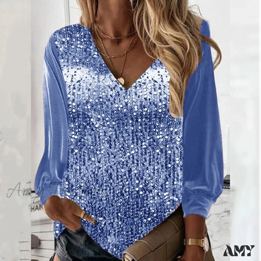 Amy Fashion - Casual V-neck Shiny Sequin Patchwork Loose Party Club Pullover