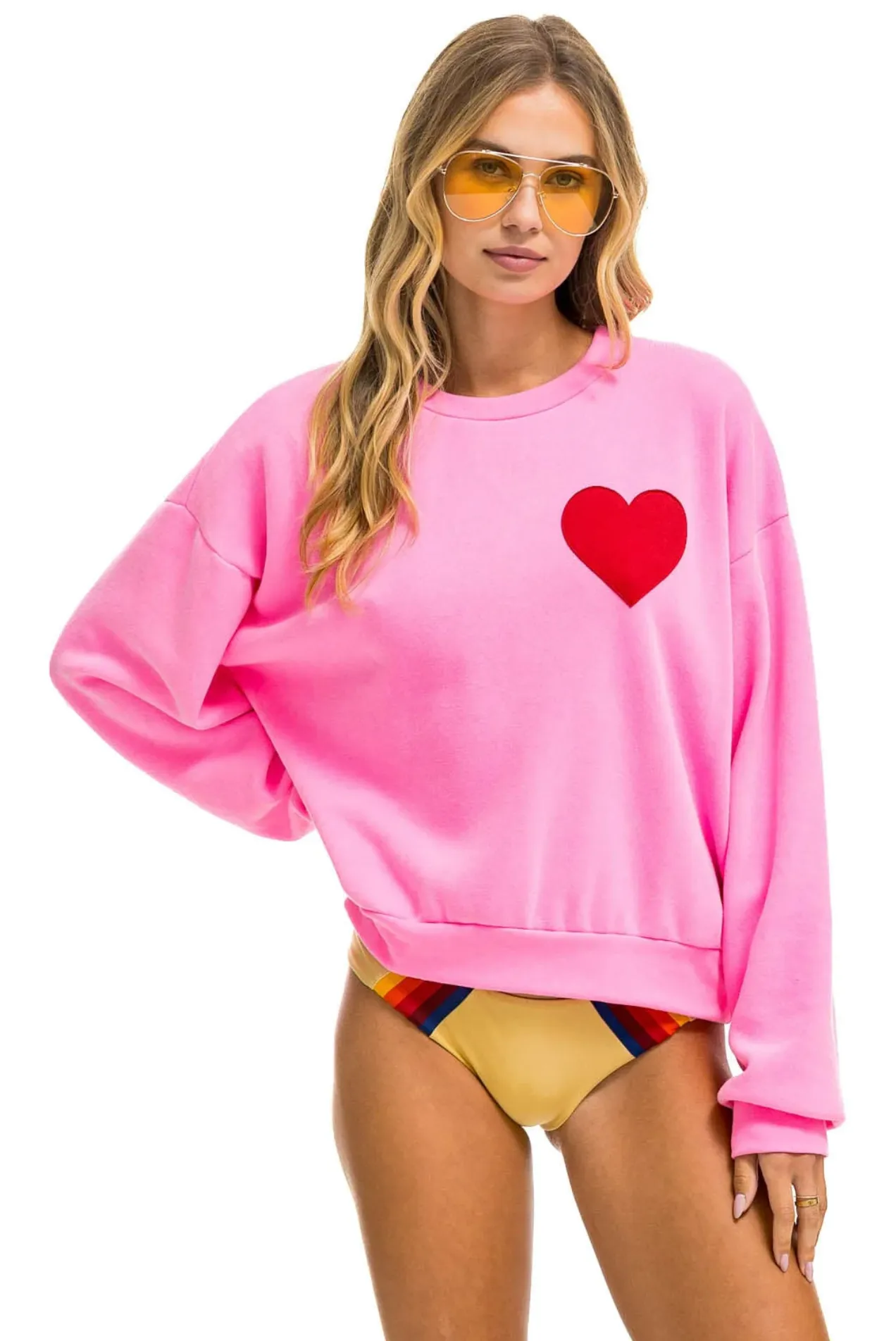 AVIATOR NATION HEART STITCH RELAXED CREW SWEATSHIRT - NEON PINK