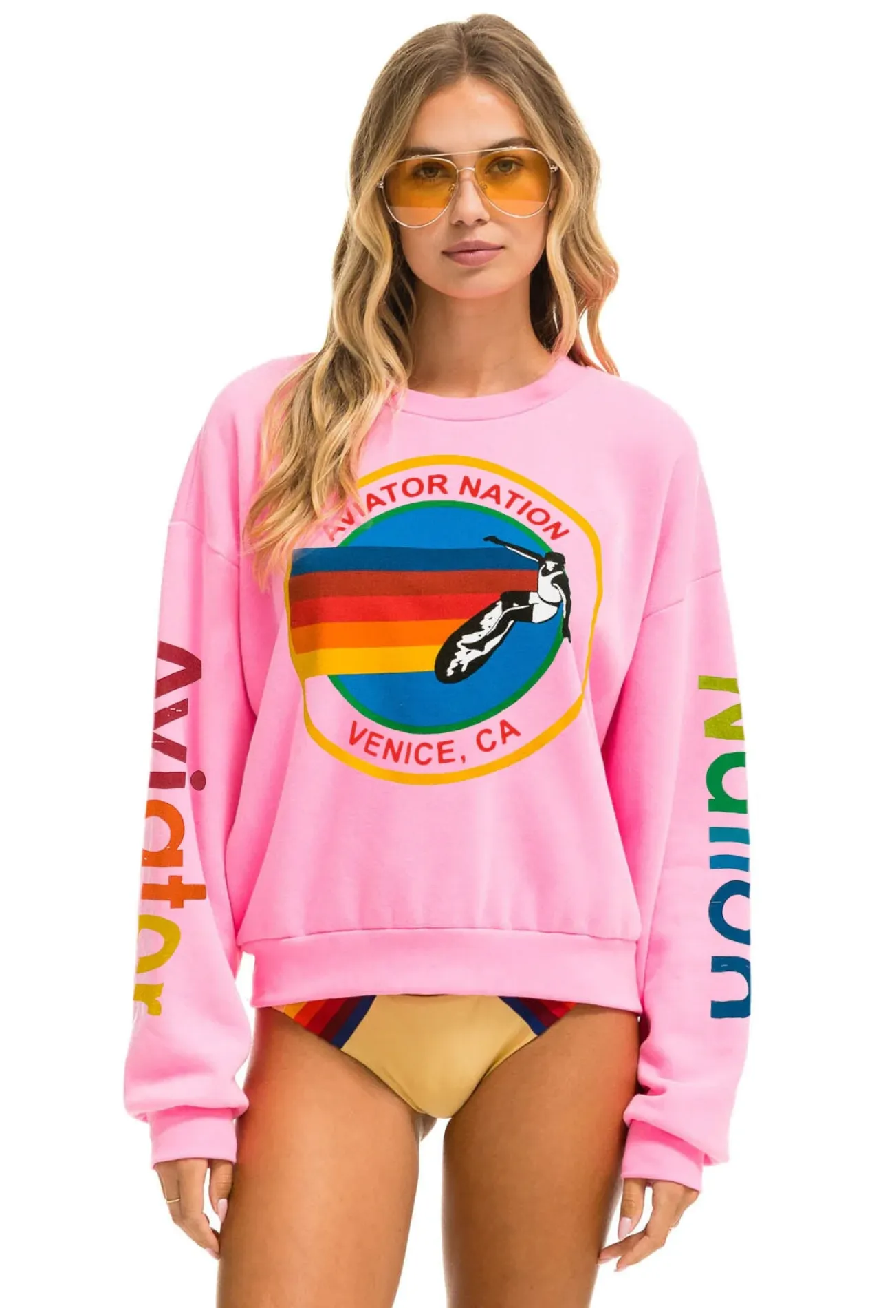 AVIATOR NATION RELAXED CREW UNISEX SWEATSHIRT - NEON PINK