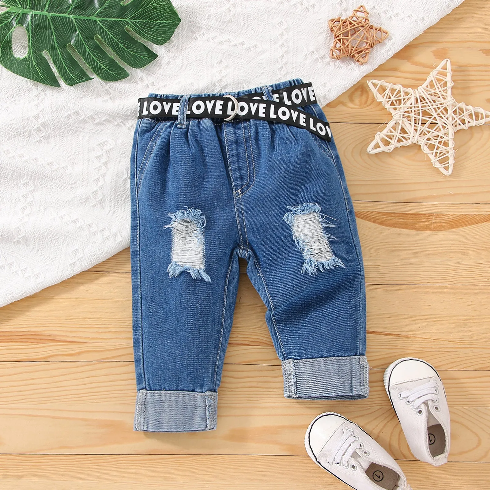 Baby Boy/Girl Belted Roll Up Hem Ripped Denim Jeans