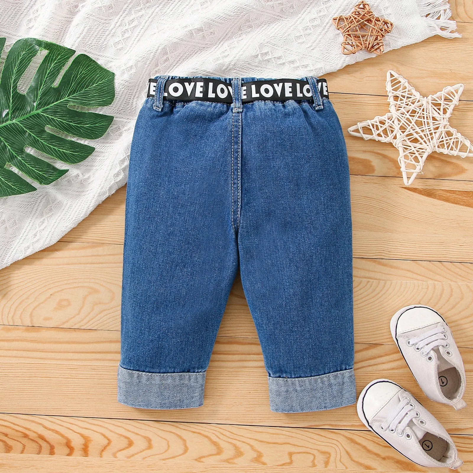 Baby Boy/Girl Belted Roll Up Hem Ripped Denim Jeans