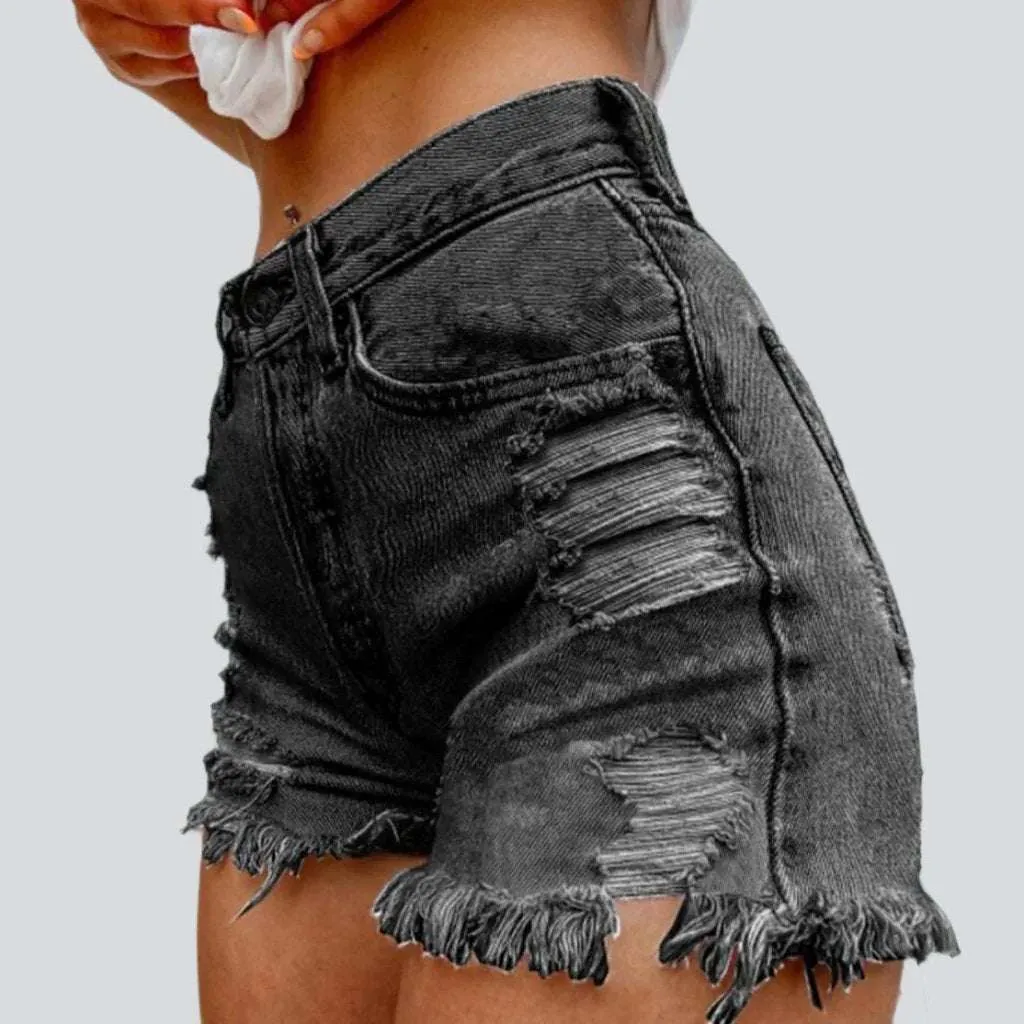 Back pocket print denim shorts