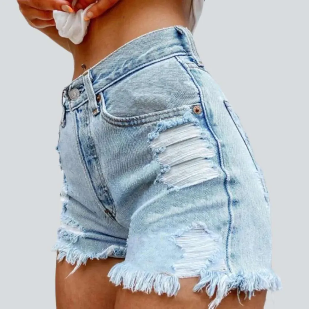 Back pocket print denim shorts