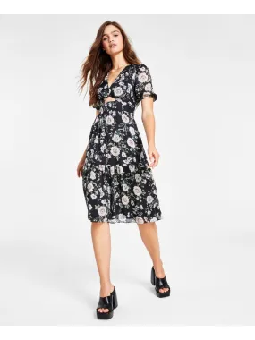 BAR III DRESSES Womens Black Cut Out Smocked Zippered Lined Floral Short Sleeve V Neck Below The Knee A-Line Dress