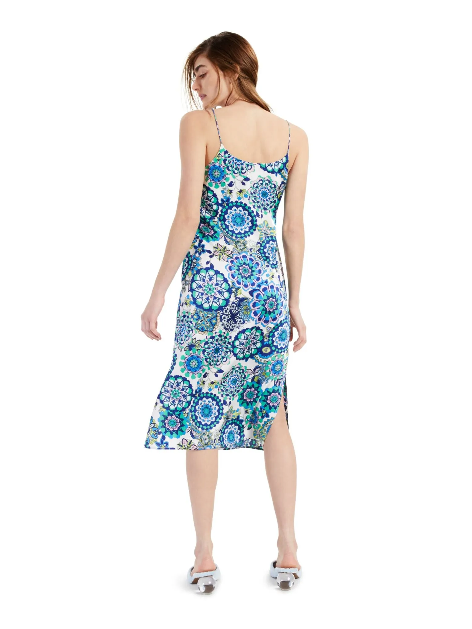 BAR III DRESSES Womens Slitted Floral Spaghetti Strap Scoop Neck Below The Knee Party Shift Dress