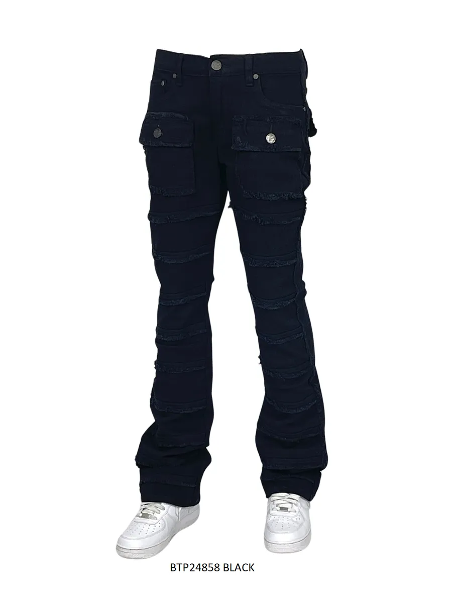 Black Stacked Jeans Men's Denim Pants Frayed Stack Fit with Pockets