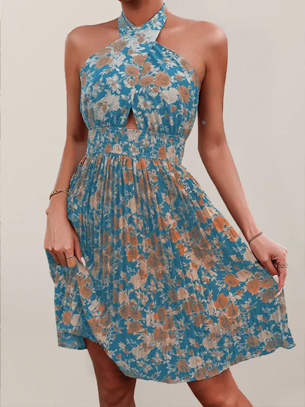 Boho Floral Halter Dress: Twist-Front, Smocked Waist, Backless - Versatile Style