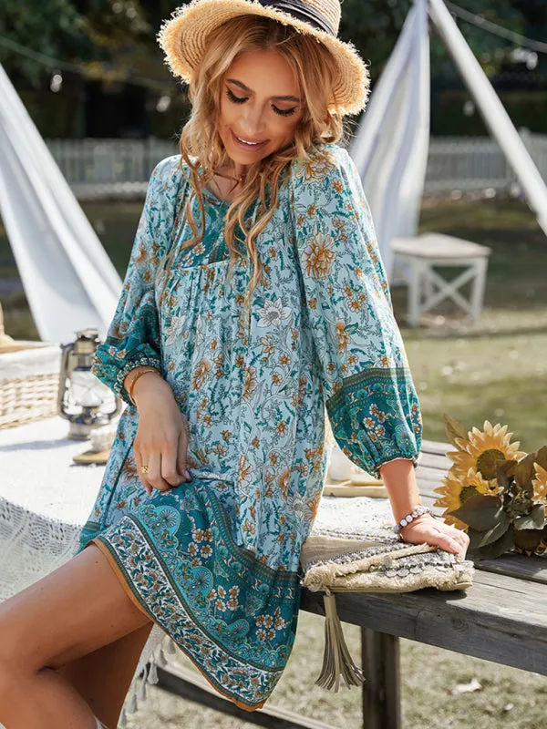 Boho Women's Floral Mini Dress with Versatile Drawstring V Neck