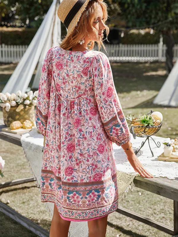 Boho Women's Floral Mini Dress with Versatile Drawstring V Neck