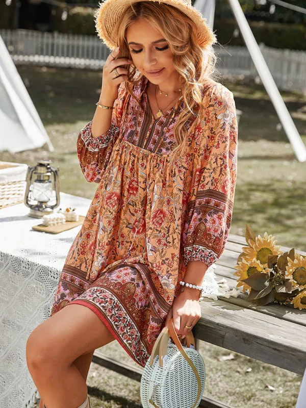 Boho Women's Floral Mini Dress with Versatile Drawstring V Neck