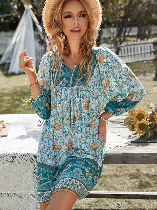 Boho Women's Floral Mini Dress with Versatile Drawstring V Neck