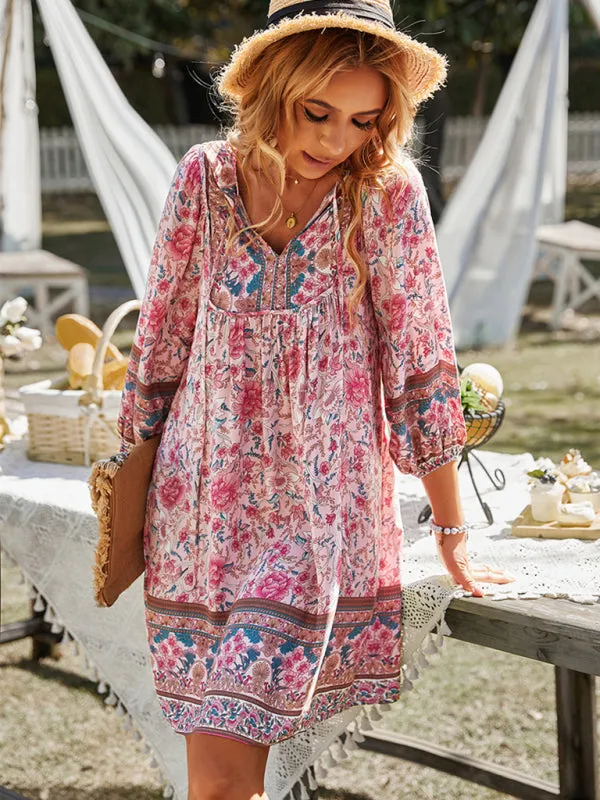 Boho Women's Floral Mini Dress with Versatile Drawstring V Neck