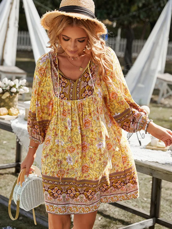 Boho Women's Floral Mini Dress with Versatile Drawstring V Neck