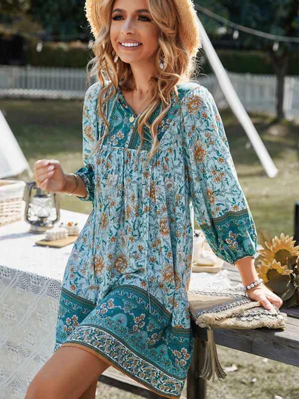 Boho Women's Floral Mini Dress with Versatile Drawstring V Neck