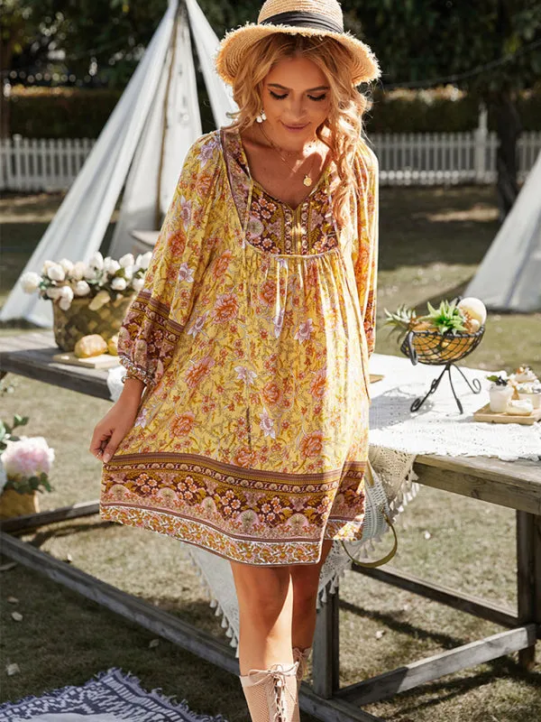 Boho Women's Floral Mini Dress with Versatile Drawstring V Neck