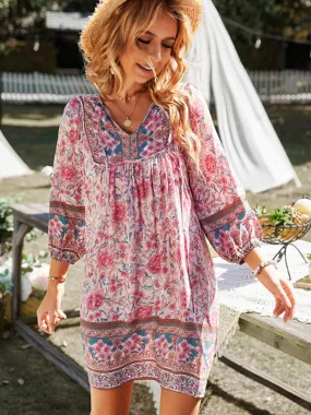 Boho Women's Floral Mini Dress with Versatile Drawstring V Neck