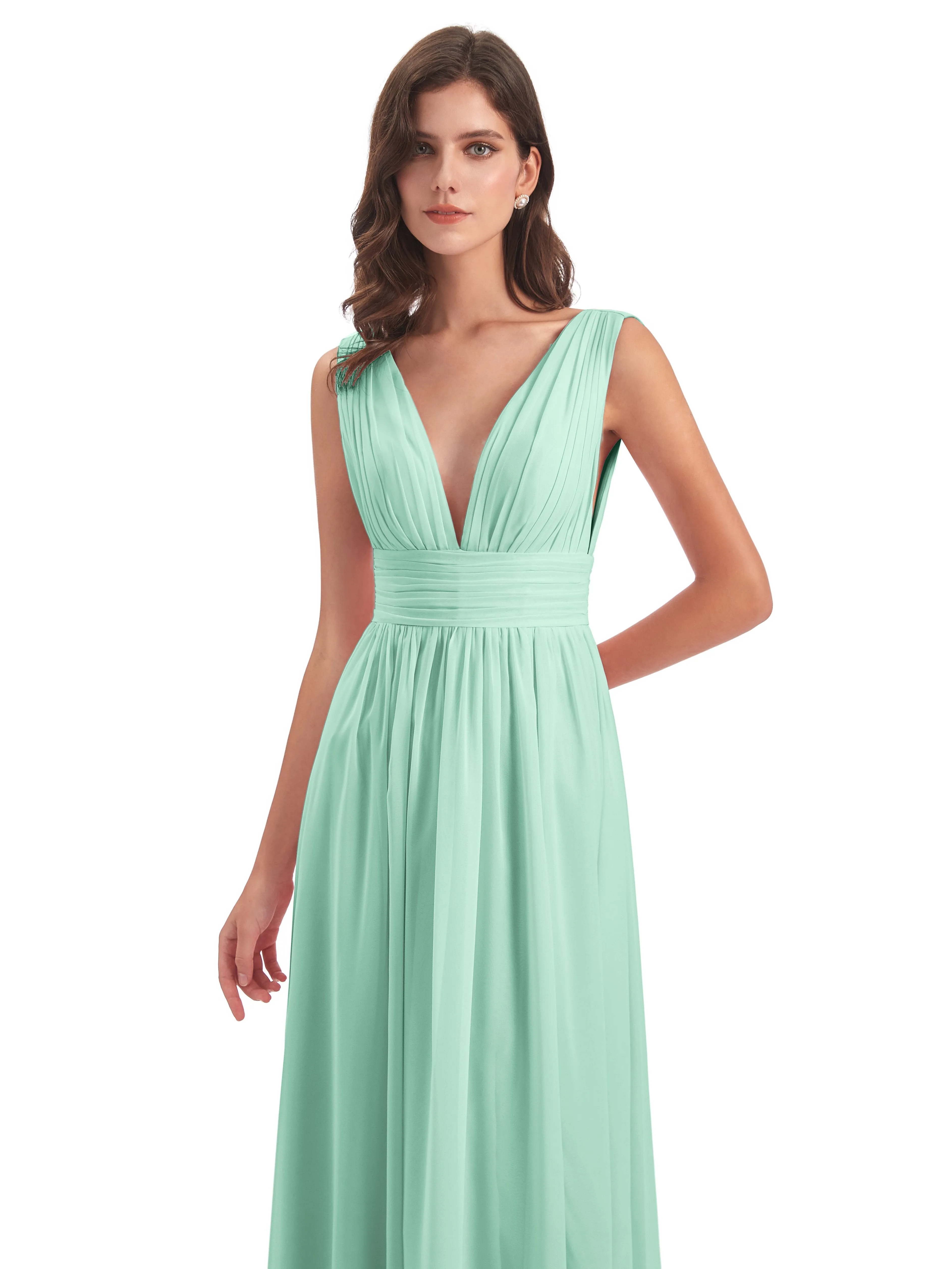 Bridesmaid Dresses Mint Green Charming Chiffon V Neck Split Long Bridesmaid Dresses