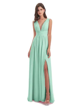 Bridesmaid Dresses Mint Green Charming Chiffon V Neck Split Long Bridesmaid Dresses