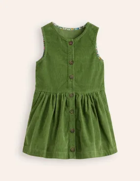 Button Through Pinafore Dress-Leaf Green Cord