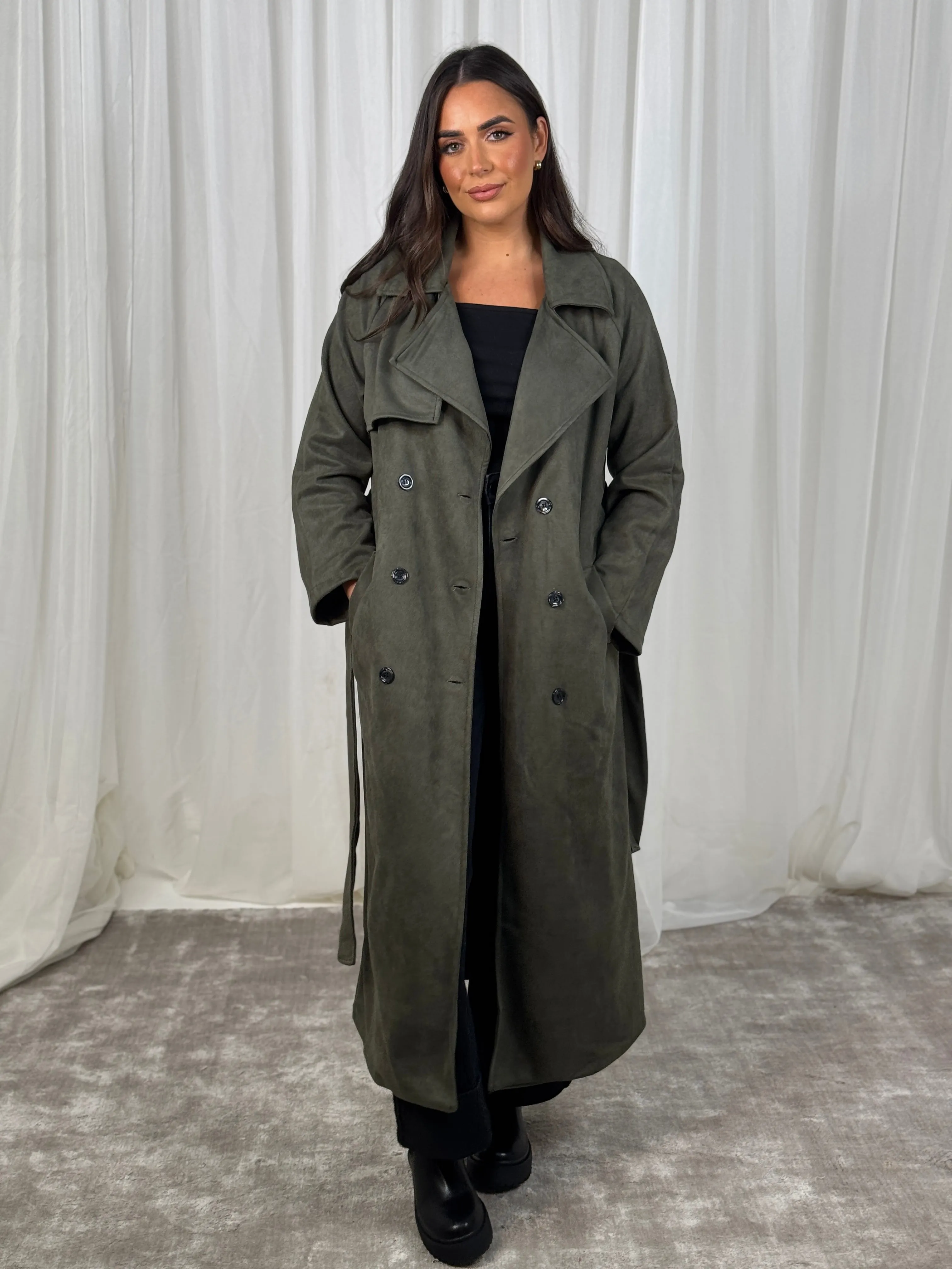 Caitlyn Faux Suede Trench Coat In Khaki