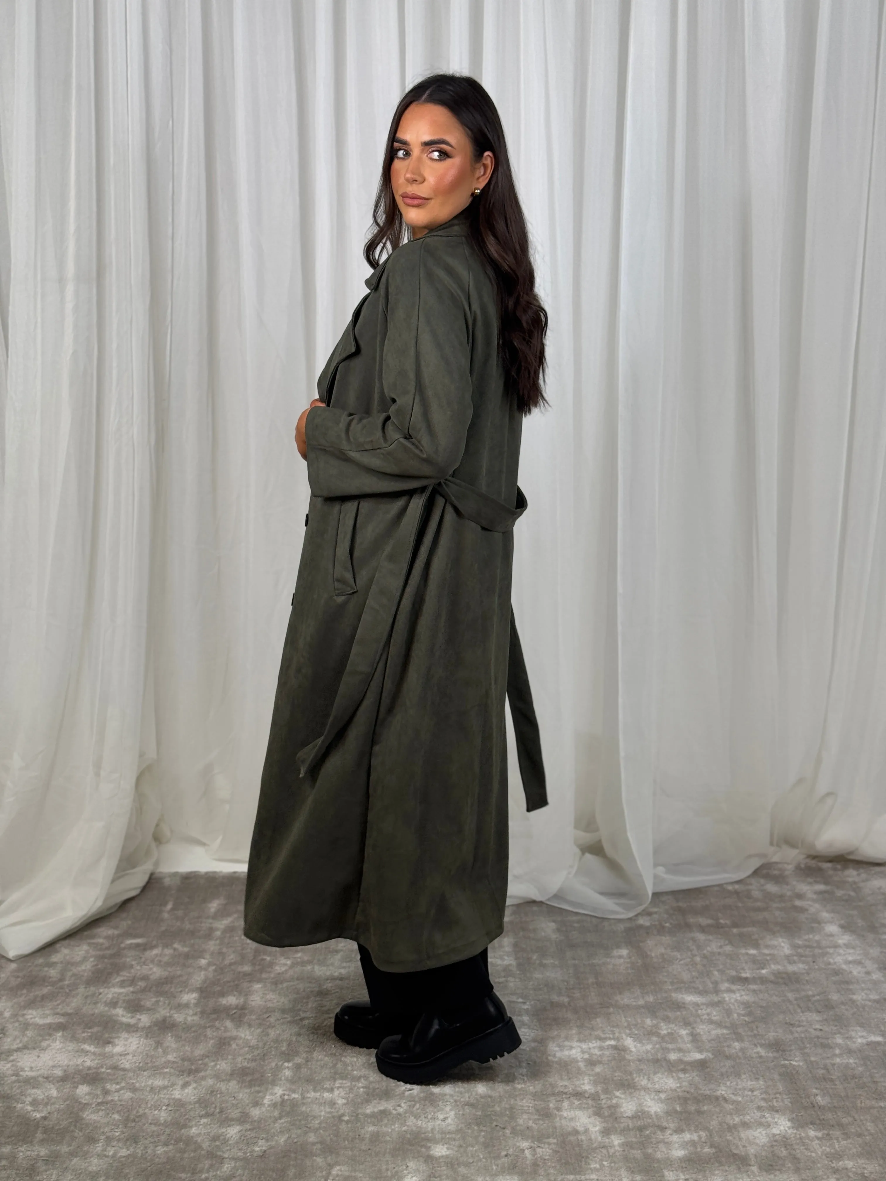 Caitlyn Faux Suede Trench Coat In Khaki