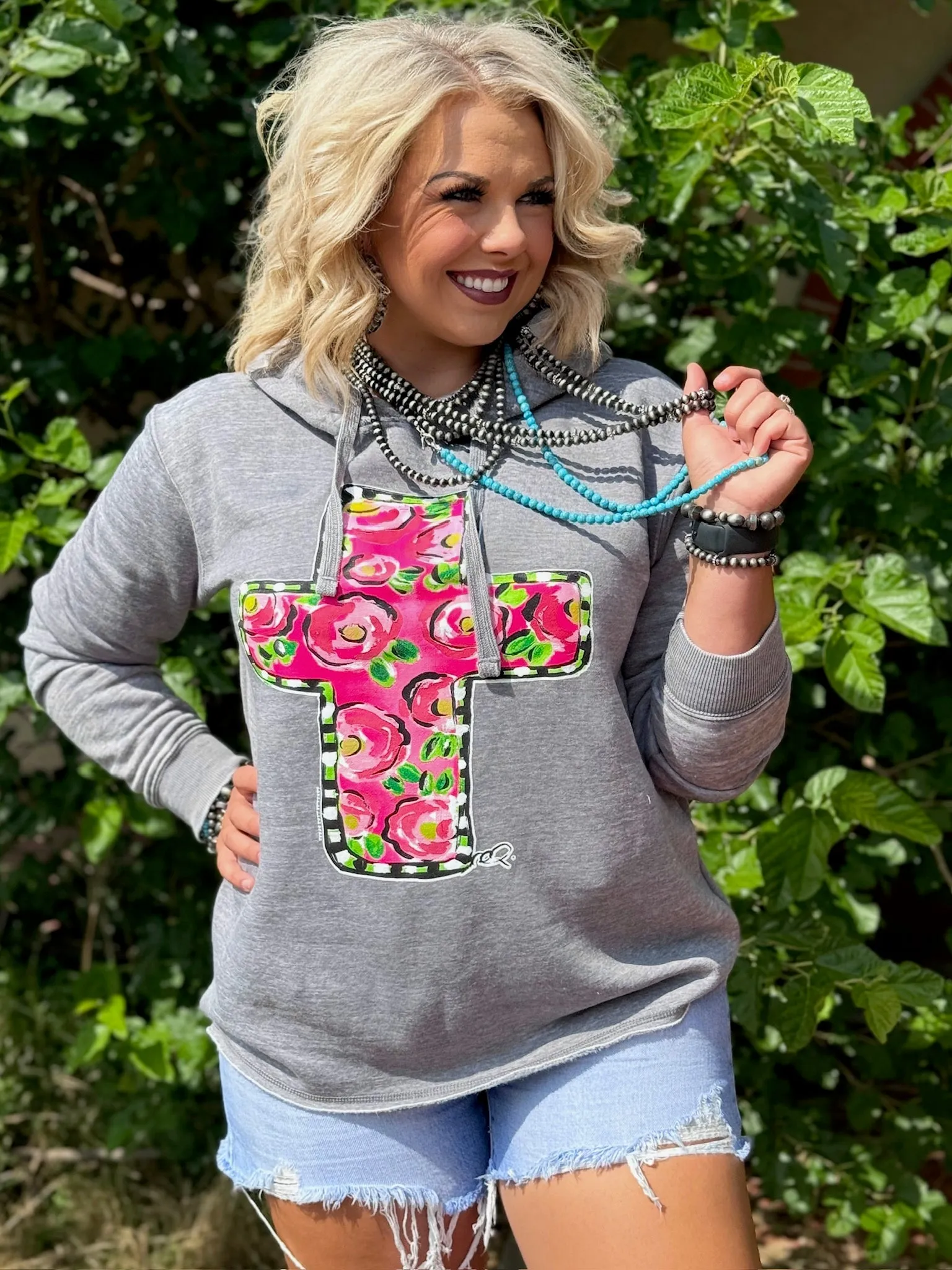 Callie's Pink Floral Cross Grey Hoodie by Texas True Threads