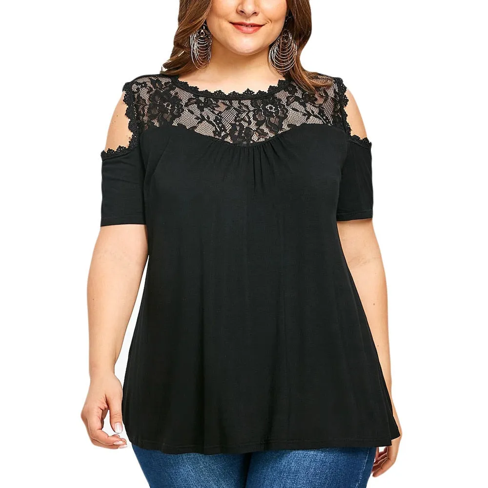 Casual Comfortable Women's Patchwork O-neck Lace Blouse Plus Size