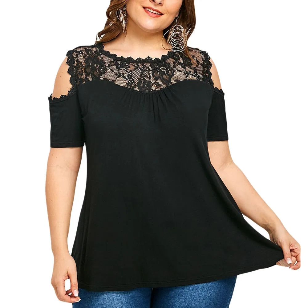 Casual Comfortable Women's Patchwork O-neck Lace Blouse Plus Size