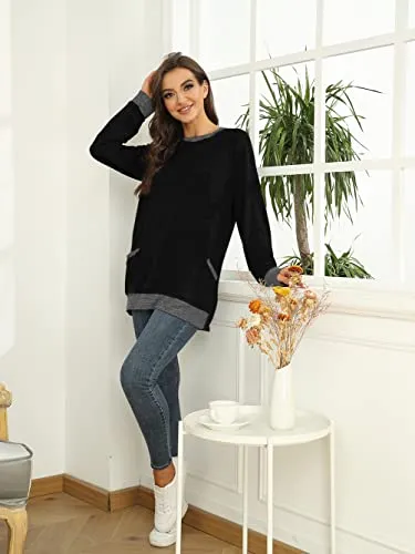 Casual Womens Long Sleeve Crewneck T Shirt Sweatshirt Tops with Pockets S-XXL