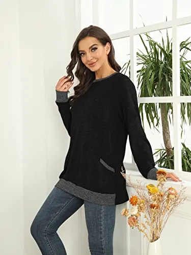 Casual Womens Long Sleeve Crewneck T Shirt Sweatshirt Tops with Pockets S-XXL