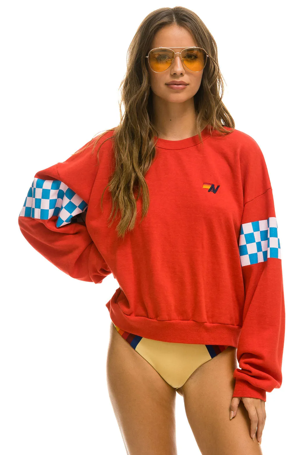 CHECK 2 SLEEVE RELAXED CREW SWEATSHIRT - RED // WHITE // BLUE