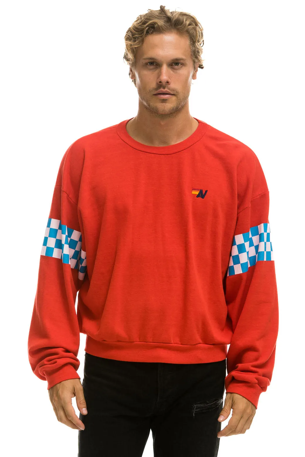 CHECK 2 SLEEVE RELAXED CREW SWEATSHIRT - RED // WHITE // BLUE