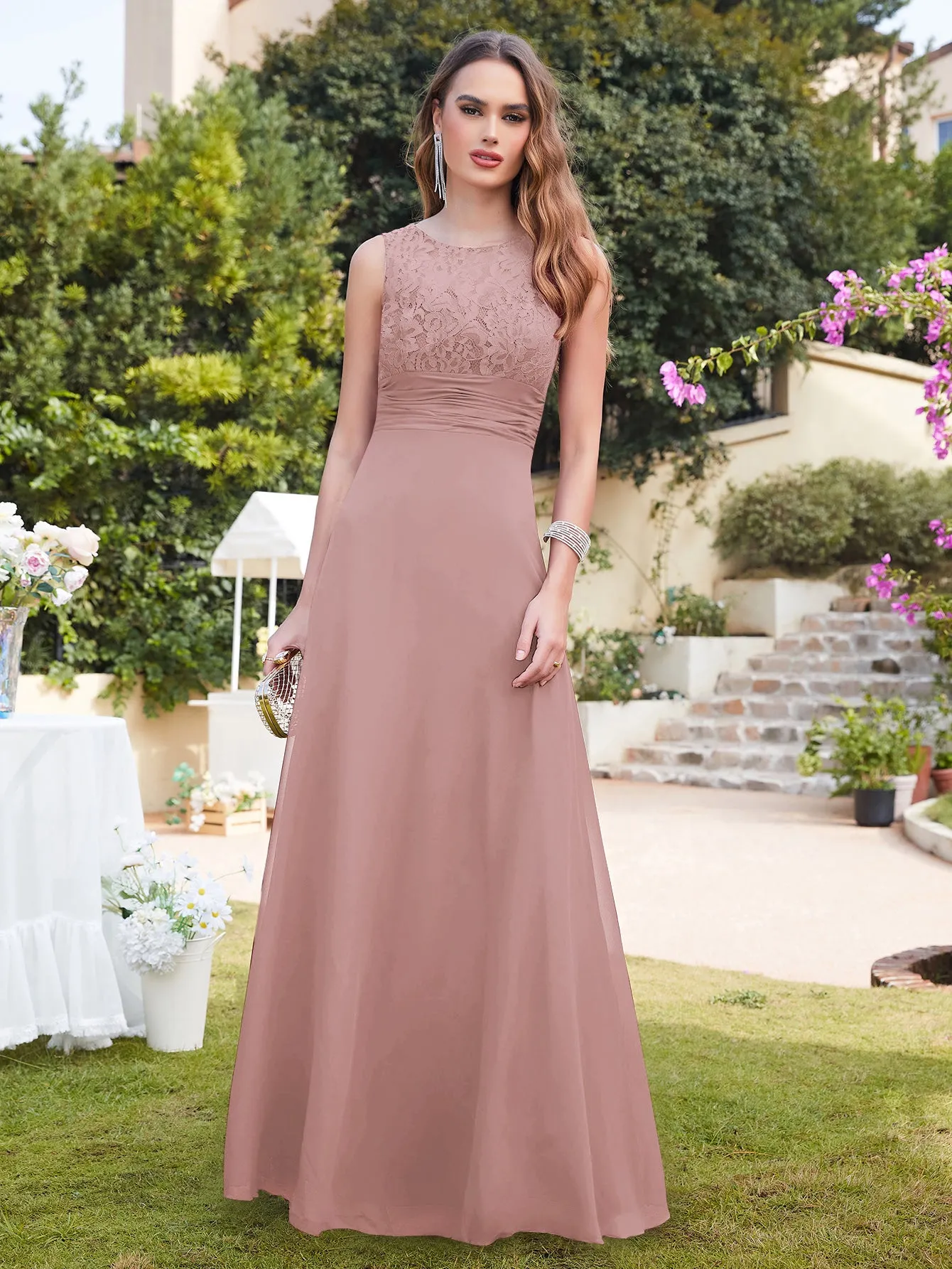 Chic Long A line Sleeveless Scoop Neck Ruffle Chiffon Bridesmaid Dresses