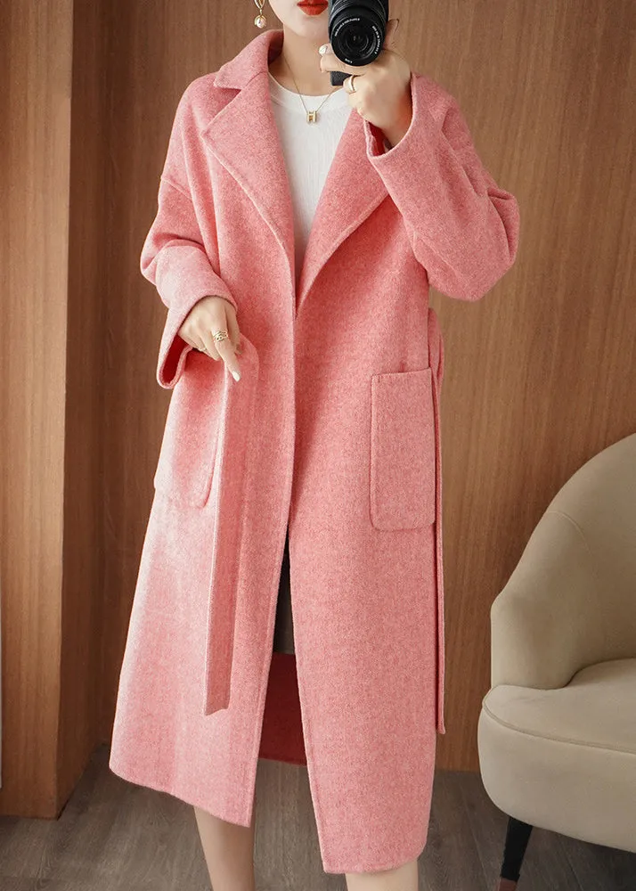 Chic Pink Notched Tie Waist Woolen Maxi Coat Fall