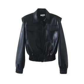 Chic Women's Short Faux Leather Jacket - Smocked Detailing