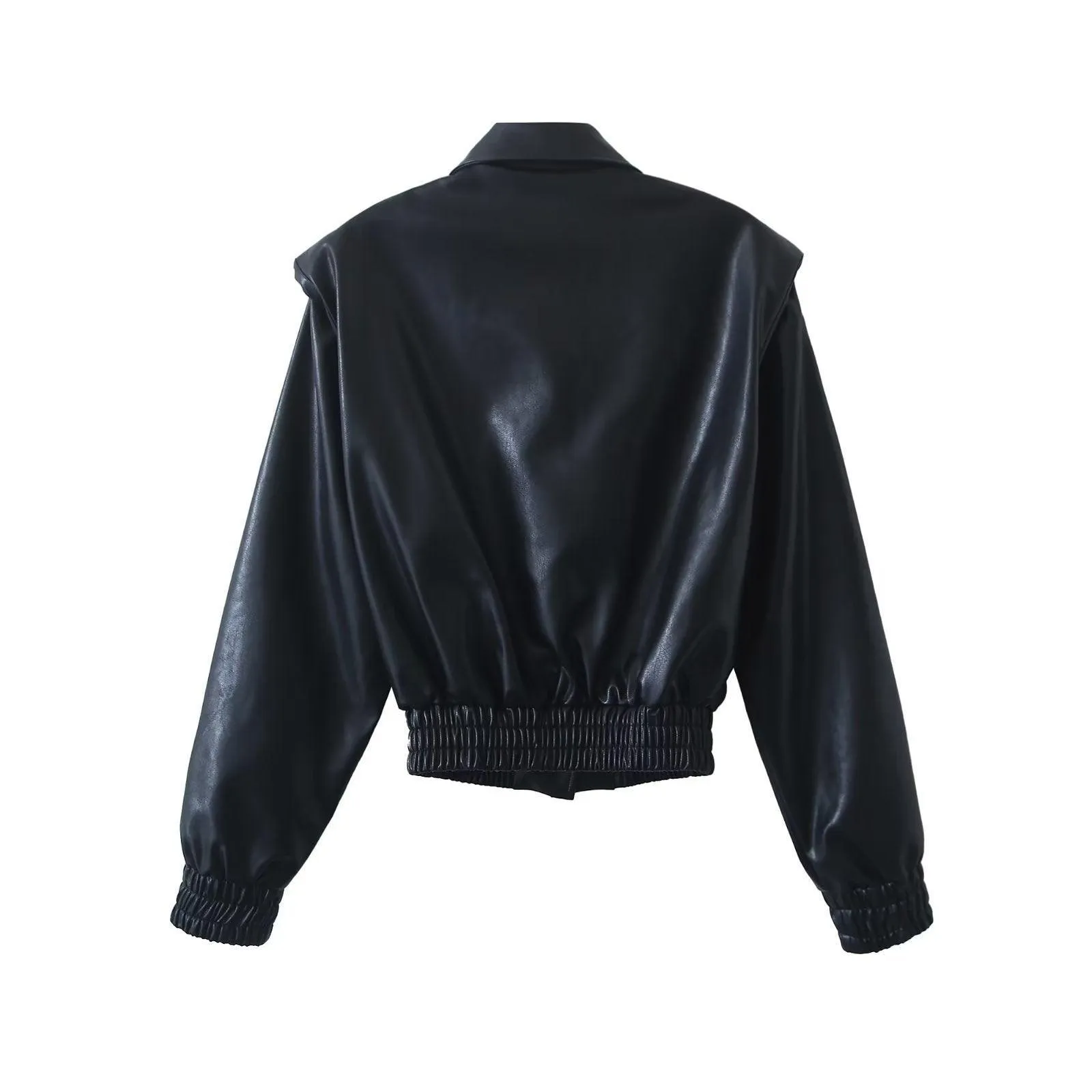 Chic Women's Short Faux Leather Jacket - Smocked Detailing