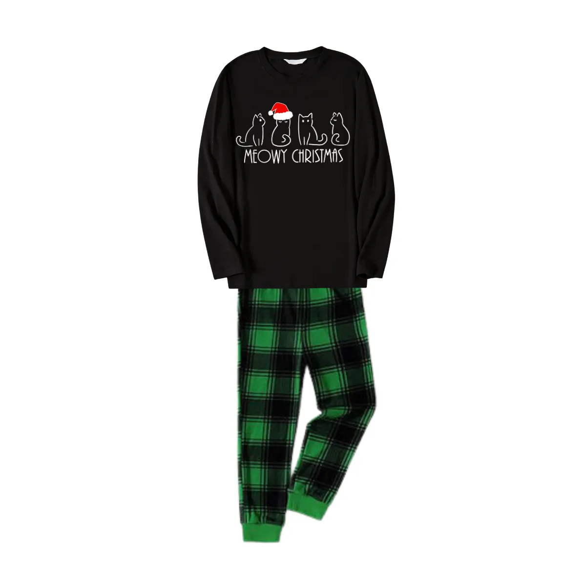 Christmas Cartoon Cat Print Black Long Sleeve Top with Green and Black Plaid Couple Matching Pajamas