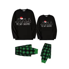 Christmas Cartoon Cat Print Black Long Sleeve Top with Green and Black Plaid Couple Matching Pajamas