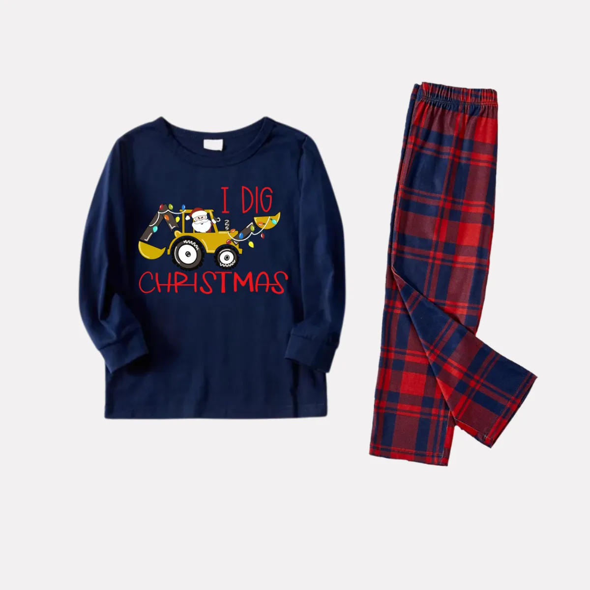 Christmas Excavator and Text Print Blue Long Sleeve Top with Red & Blue Plaid Couple Matching Pajamas