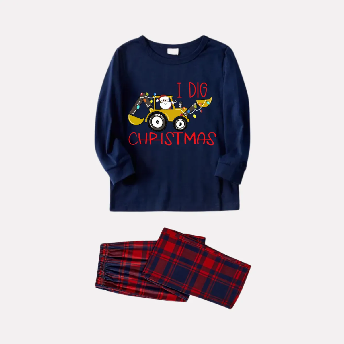 Christmas Excavator and Text Print Blue Long Sleeve Top with Red & Blue Plaid Couple Matching Pajamas