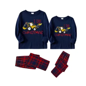 Christmas Excavator and Text Print Blue Long Sleeve Top with Red & Blue Plaid Couple Matching Pajamas