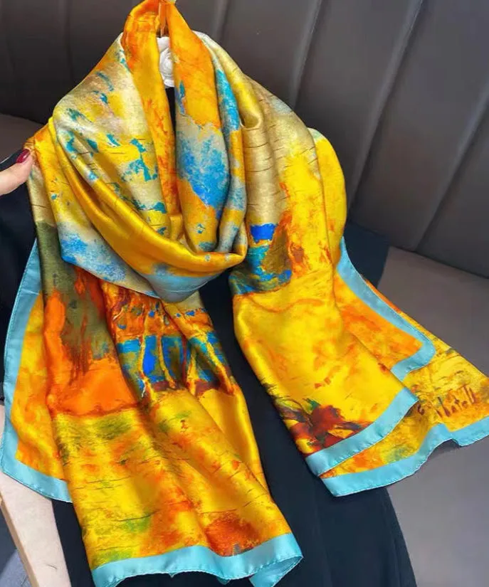 Classy Yellow Paintings Style Versatile Silk Scarf ML2181