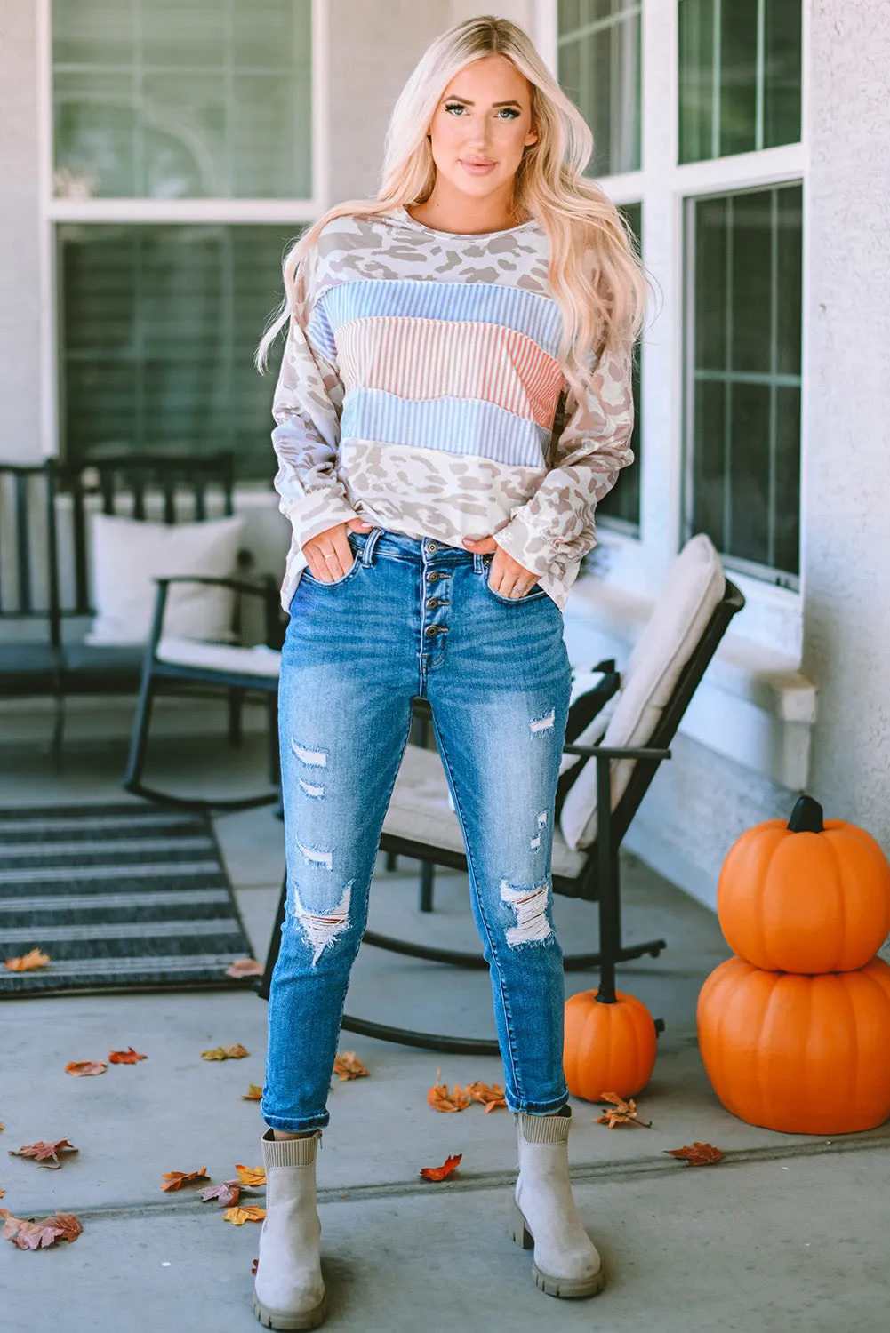 Contrast Stripes Puff Sleeve Knit Top