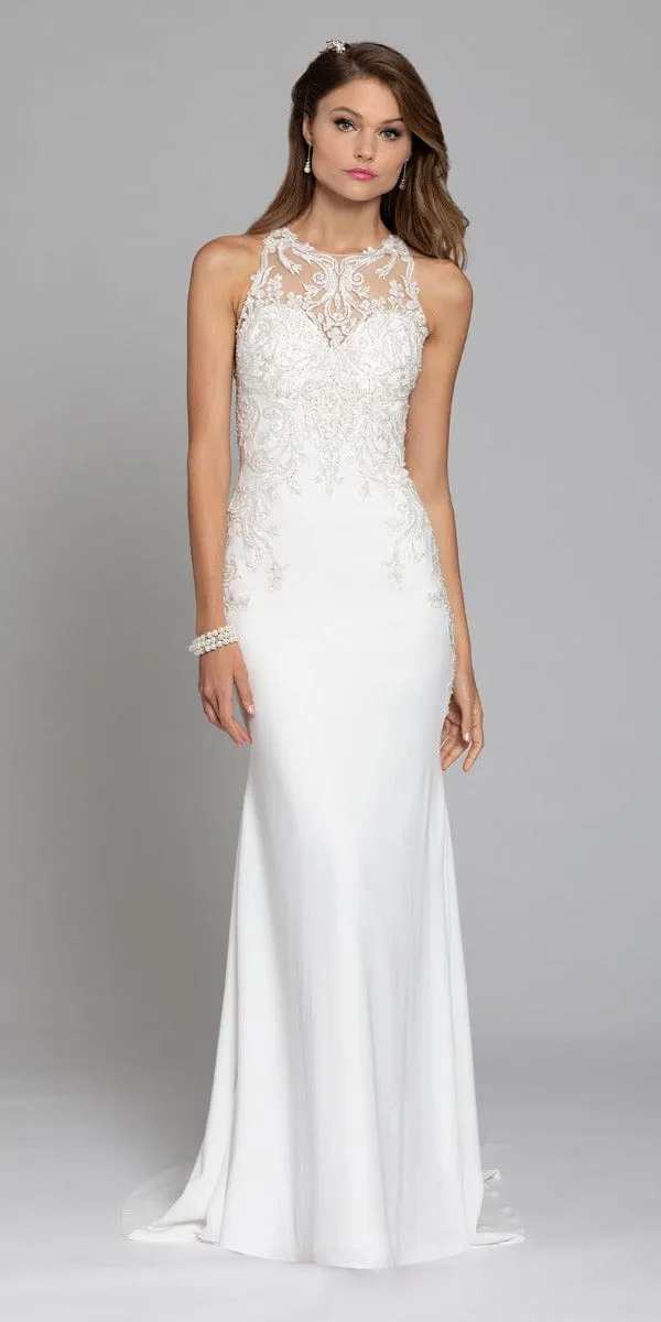 Crepe Applique Illusion Waist Gown