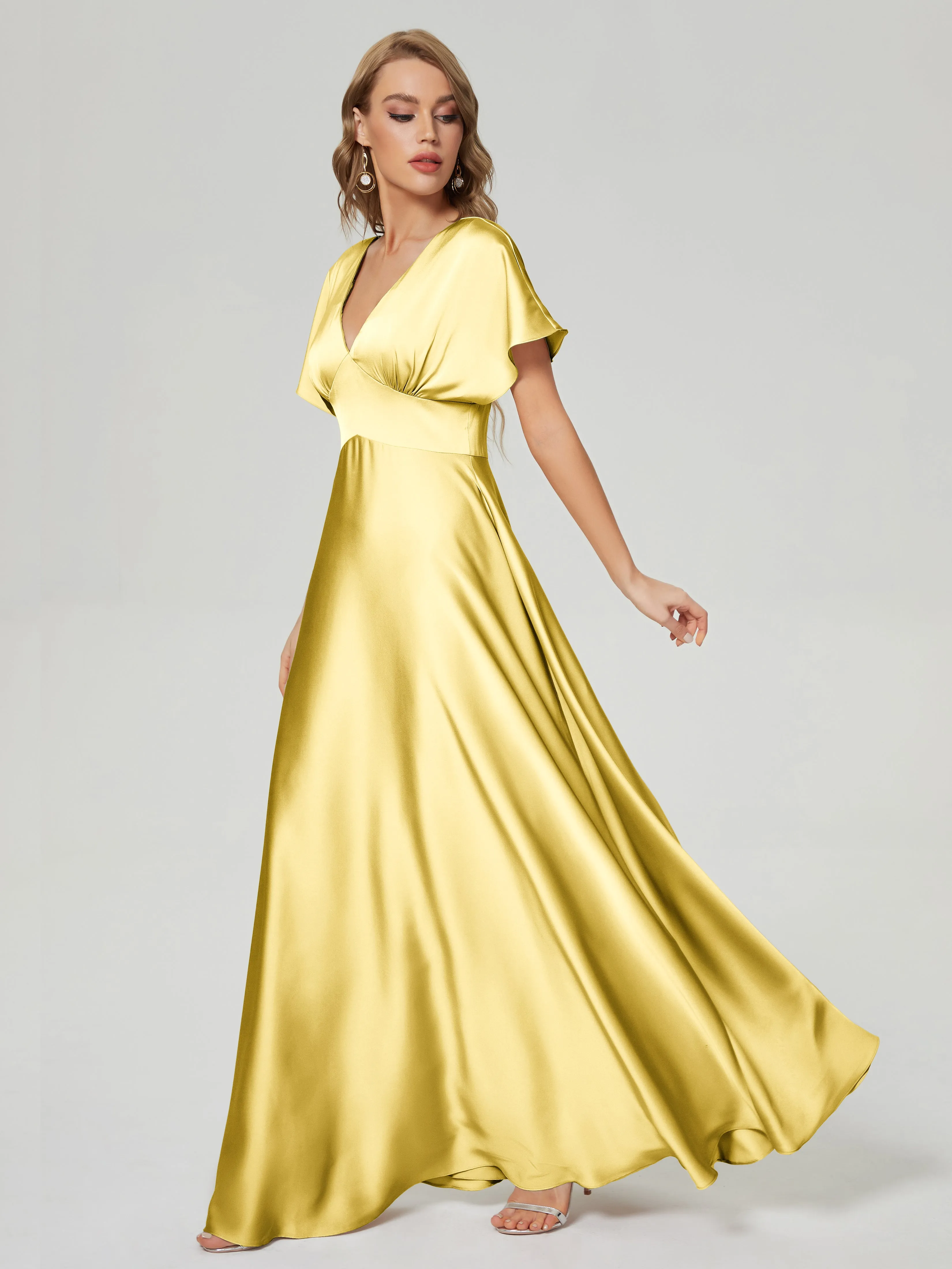 Daffodil Bridesmaid Dresses Ariah Modest V Neck Short Sleeves Soft Satin Dresses