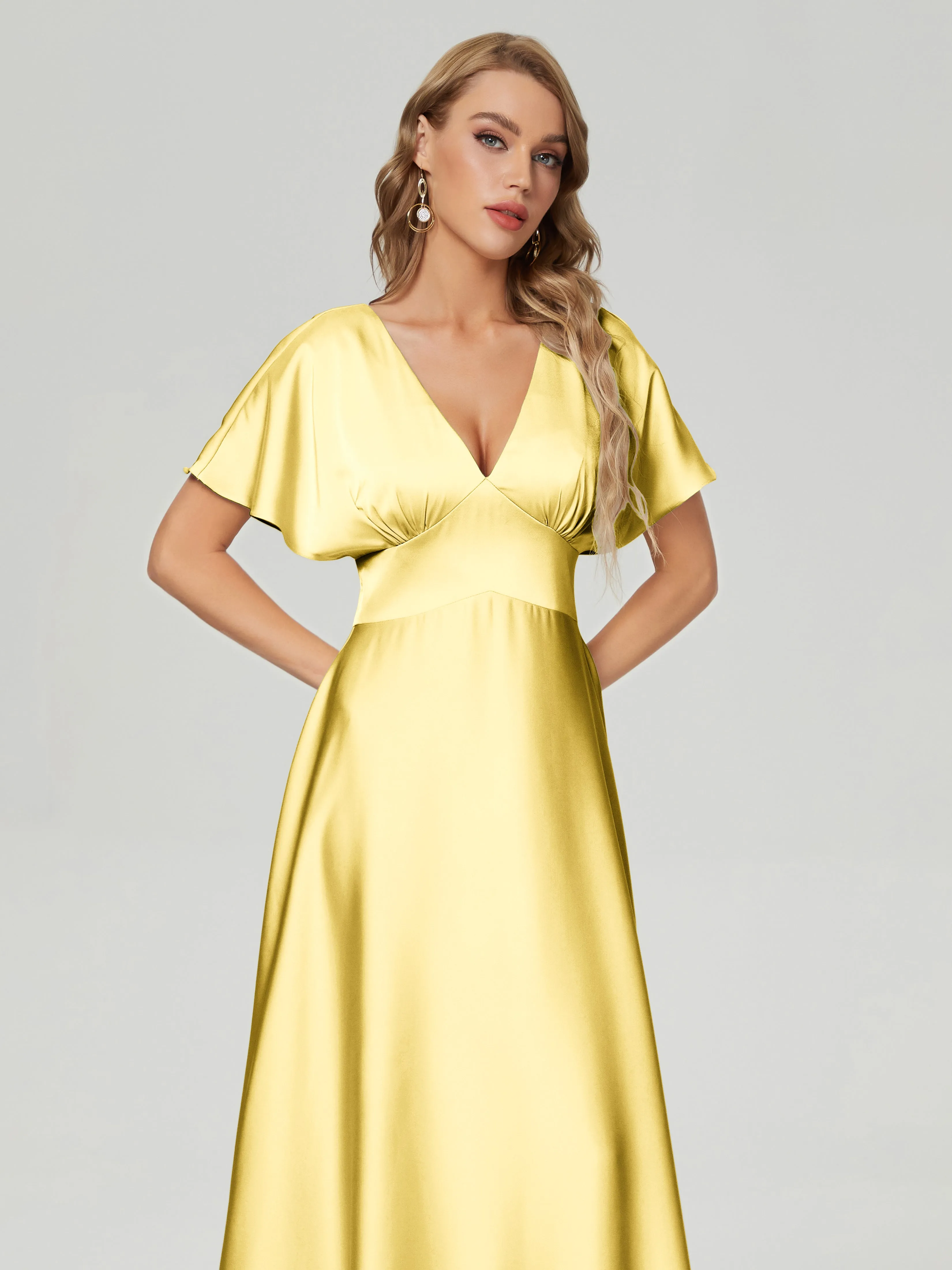 Daffodil Bridesmaid Dresses Ariah Modest V Neck Short Sleeves Soft Satin Dresses