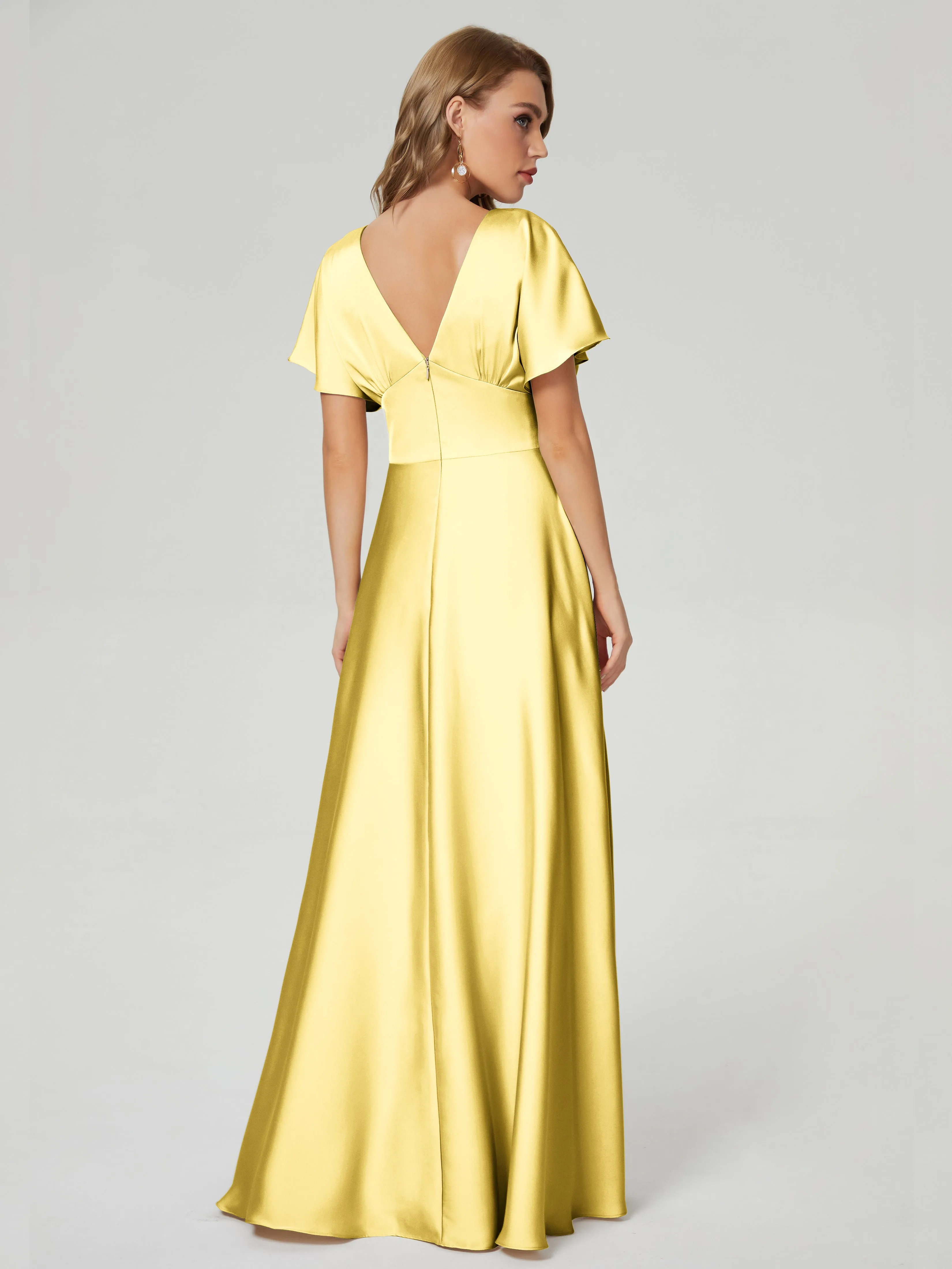 Daffodil Bridesmaid Dresses Ariah Modest V Neck Short Sleeves Soft Satin Dresses